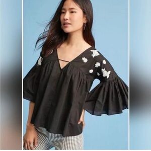 Maeve Harlow Embroidered Beaded Black and White Top